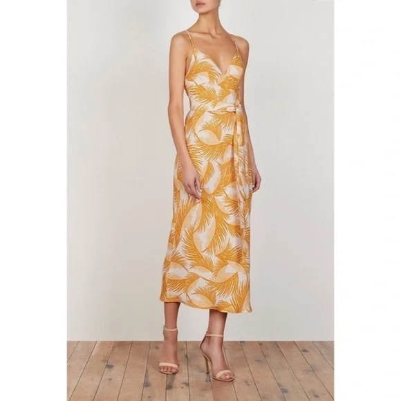 Shona Joy Phoenix Midi Slip Dress in Yellow/ Stone Belted Feather Print Size 6 - Picture 2 of 13